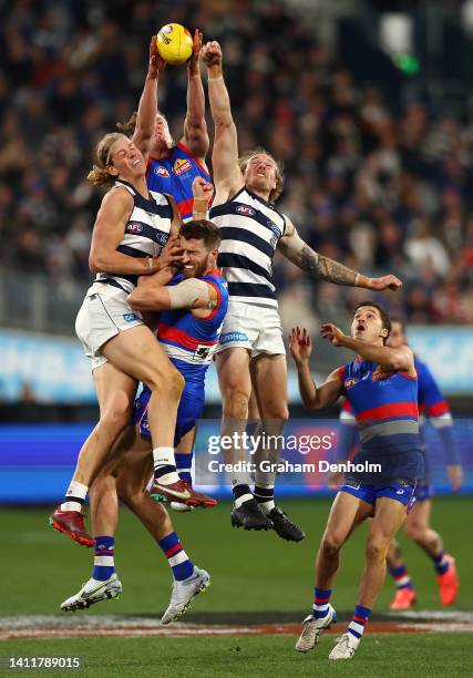 Aaron Naughton of the Bulldogs takes a mark during the round 20 AFL match between the Geelong Cats and the Western Bulldogs at GMHBA Stadium on July...