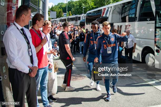 Lisandro Martinez of Manchester United arrives ahead of the pre-season friendly match between Manchester United and Atletico Madrid at Ullevaal...