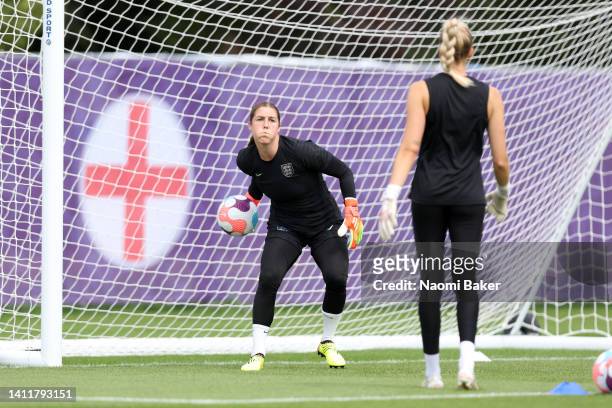 Mary Earps of England in action during the UEFA Women's Euro England training session at The Lensbury on July 30, 2022 in London, England.