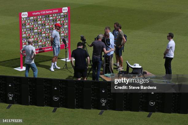 Liam Livingstone of England talks to the media during an England Nets Session on July 30, 2022 in Southampton, England.