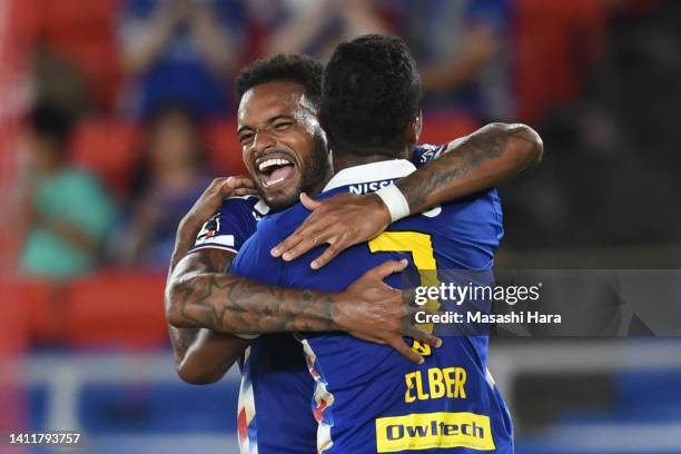 Elber and Anderson Lopes of Yokohama F.Marinos celebrate the first goal during the J.LEAGUE Meiji Yasuda J1 23rd Sec. Match between Yokohama...