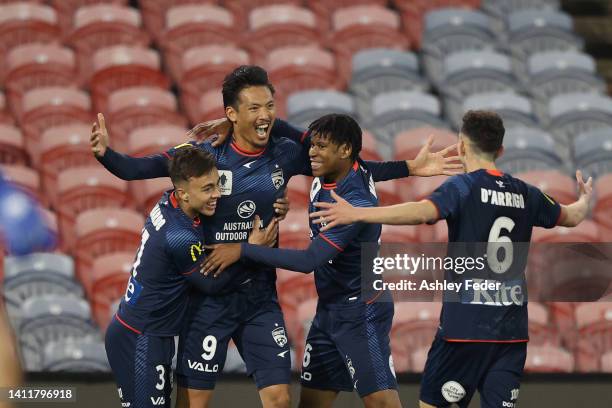 Hiroshi Ibusuki of Adelaide United celebrates his goal during the Australia Cup Rd of 32 match between the Newcastle Jets FC and Adelaide United FC...