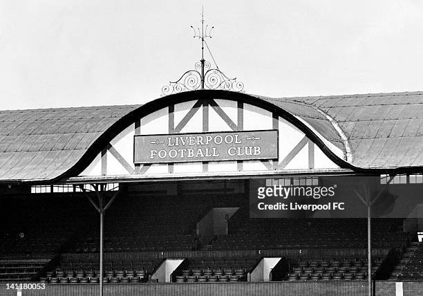 The decorative gable at the centre of the Main Stand roof, designed by Scottish architect Archibald Leitch, August 1, 1960 in Liverpool, England.
