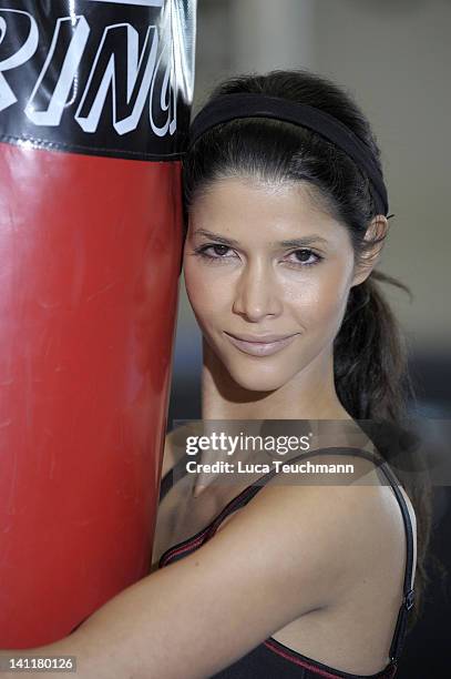 Model Micaela Schaefer trains for a tv celebrity boxing show at the Box Gym Koepenick on March 11, 2012 in Berlin, Germany.