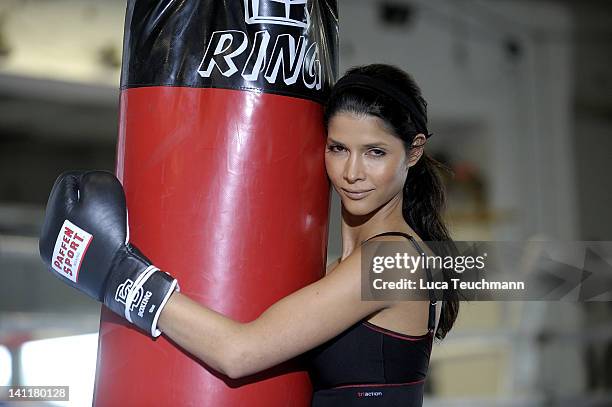 Model Micaela Schaefer trains for a tv celebrity boxing show at the Box Gym Koepenick on March 11, 2012 in Berlin, Germany.