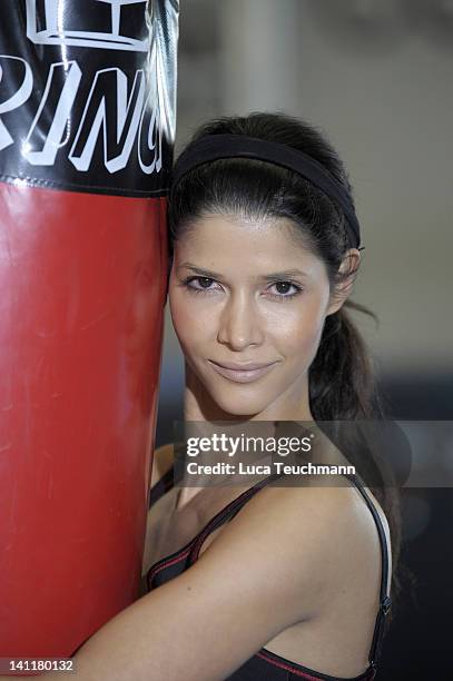 Model Micaela Schaefer trains for a tv celebrity boxing show at the Box Gym Koepenick on March 11, 2012 in Berlin, Germany.