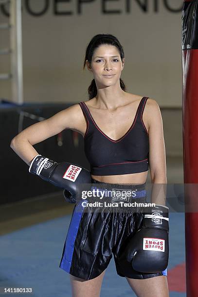 Model Micaela Schaefer trains for a tv celebrity boxing show at the Box Gym Koepenick on March 11, 2012 in Berlin, Germany.