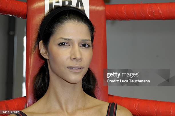 Model Micaela Schaefer trains for a tv celebrity boxing show at the Box Gym Koepenick on March 11, 2012 in Berlin, Germany.