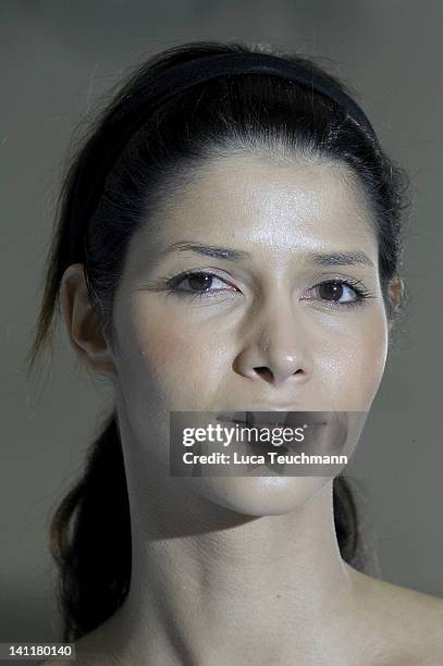 Model Micaela Schaefer trains for a tv celebrity boxing show at the Box Gym Koepenick on March 11, 2012 in Berlin, Germany.