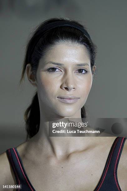 Model Micaela Schaefer trains for a tv celebrity boxing show at the Box Gym Koepenick on March 11, 2012 in Berlin, Germany.