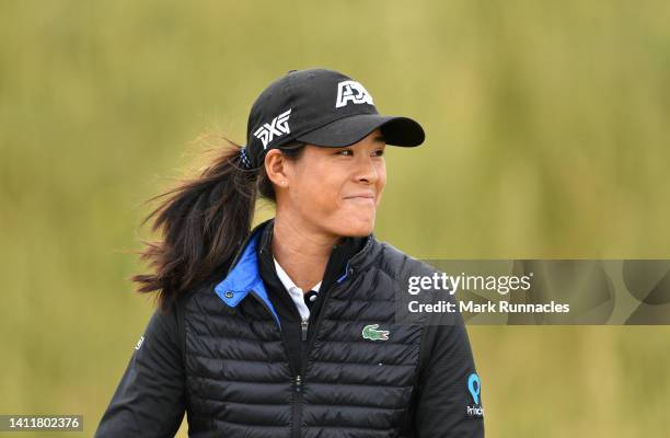 Celine Boutier of France smiles as she walks from the 2nd tee during round three of the Trust Golf Women's Scottish Open at Dundonald Links Golf...
