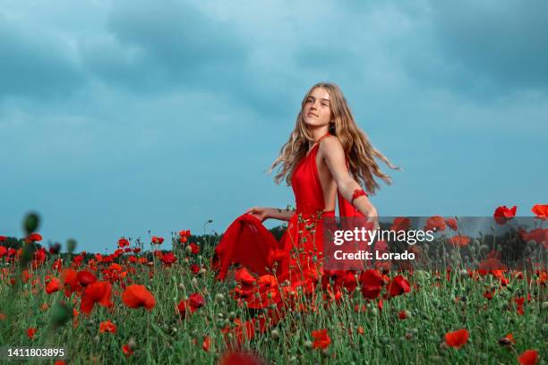 beautiful blonde fantasy teenage princess in a field of poppies - flowers royalty free stock pictures, royalty-free photos & images