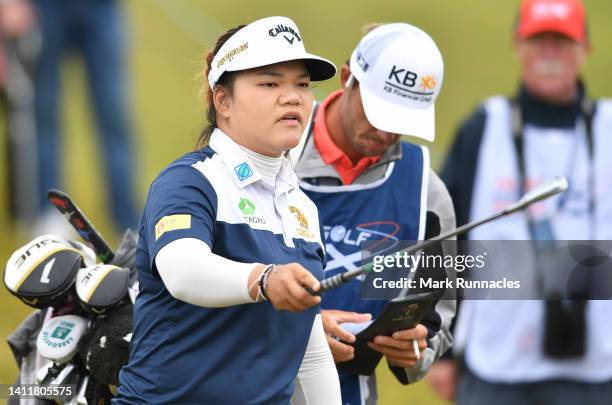 Wichanee Meechai of Thailand plays her second shot at the 1st hole during round three of the Trust Golf Women's Scottish Open at Dundonald Links Golf...