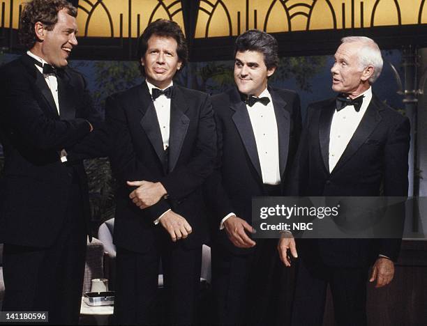 26th Anniversary Show" --Aired -- Pictured: Talk show host David Letterman, comedian Garry Shandling, comedian Jay Leno, host Johnny Carson -- Photo...