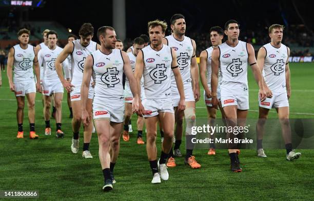 Carlton head off the ground after losing the round 20 AFL match between the Adelaide Crows and the Carlton Blues at Adelaide Oval on July 30, 2022 in...