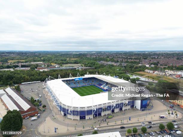 An aerial view of the stadium prior to The FA Community Shield between Manchester City and Liverpool FC at The King Power Stadium on July 30, 2022 in...
