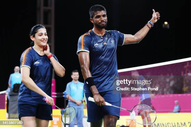 Satwik Sairaj Rankireddy and Machimanda Ponnappa of Team India celebrate during Badminton Mixed Doubles - Group A match between India and Sri Lanka...