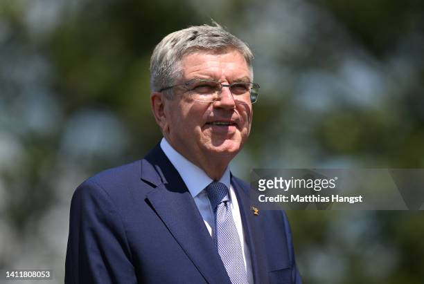 International Olympic Committee IOC President Thomas Bach attends a medal ceremony at day four of the 2022 ICF Canoe Slalom World Championships on...