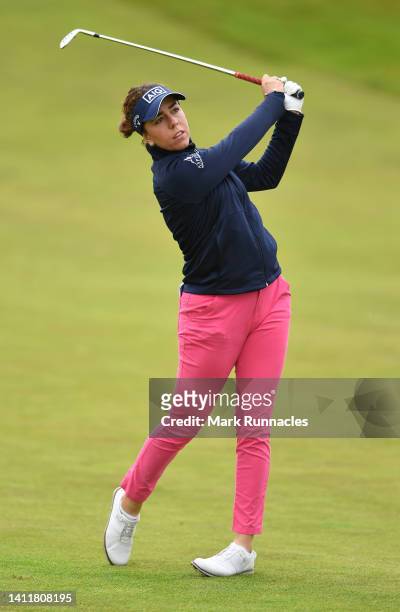 Georgia Hall of England plays her second shot at the 1st hole during round three of the Trust Golf Women's Scottish Open at Dundonald Links Golf...