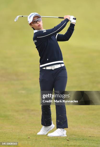 Narin An of Korea plays her second shot at the 1st hole during round three of the Trust Golf Women's Scottish Open at Dundonald Links Golf Course on...