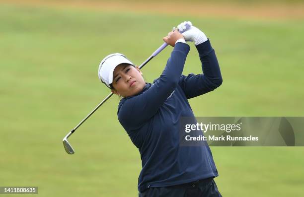 Jasmine Suwannapura of Thailand plays her second shot at the 1st hole during round three of the Trust Golf Women's Scottish Open at Dundonald Links...