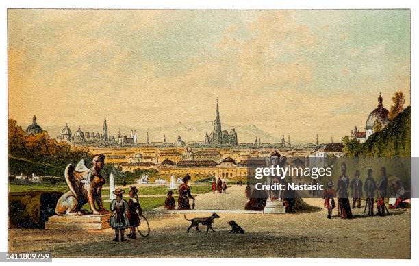 view of vienna from belvedere palace gardens, austria europe - belvedere palace vienna stock illustrations