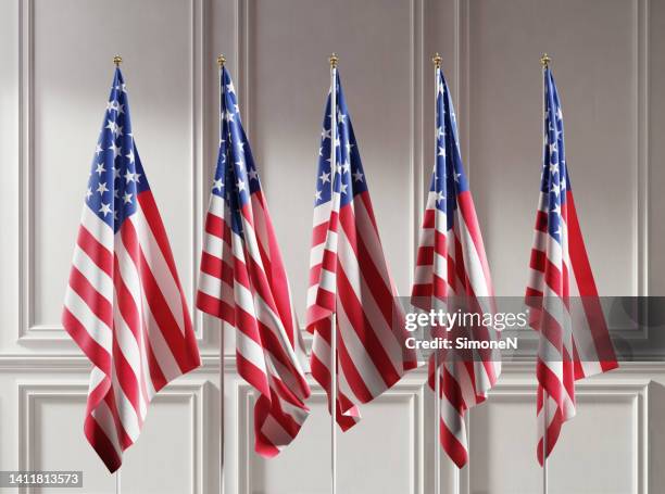 Flags of United States of America on classic interior background. Flags of USA. 3D illustration.