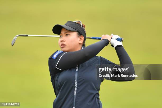 Chanettee Wannasaen of Thailand plays her second shot at the 1st hole during round three of the Trust Golf Women's Scottish Open at Dundonald Links...