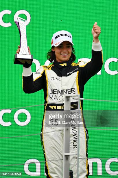 Second placed Jamie Chadwick of Great Britain and Jenner Racing celebrates on the podium during the W Series Round 5 race at Hungaroring on July 30,...