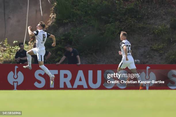 Jannik Rochelt of SV 07 Elversberg celebrates after scoring his team`s first goal during the DFB Cup first round match between SV 07 Elversberg and...