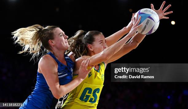 Cara Koenen of Team Australia fights for the ball against Lauren Tait of Team Scotland during Netball Pool match on day two of the Birmingham 2022...