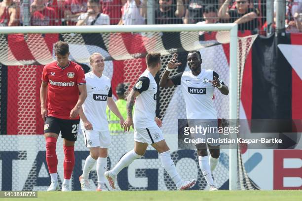 Kevin Koffi of SV 07 Elversberg celebrates after scoring his team`s second goal during the DFB Cup first round match between SV 07 Elversberg and...
