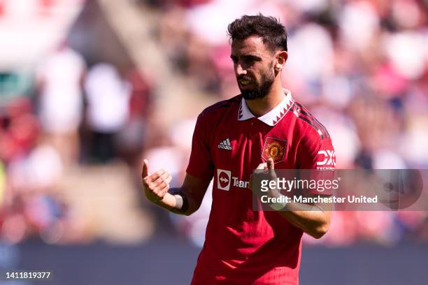 Bruno Fernandes of Manchester United reacts during the pre-season friendly match between Manchester United and Atletico Madrid at Ullevaal Stadion on...