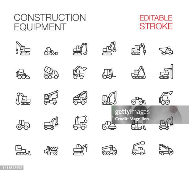 illustrations, cliparts, dessins animés et icônes de machines de construction, icônes d’équipement de construction définir un trait modifiable - niveleuse