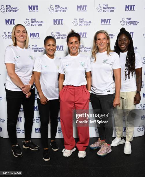 Faye White, Rachel Yankey, Fara Williams, Rachel Brown-Finnis and Anita Asante pose for a picture, as The National Lottery presents a special...