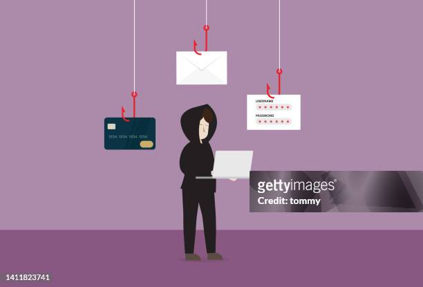 hacker phishing on the internet - white collar crime stock illustrations