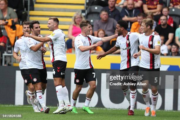 Bristol City celebrate a goal scored by Andreas Weimann during the Sky Bet Championship match between Hull City and Bristol City at MKM Stadium on...