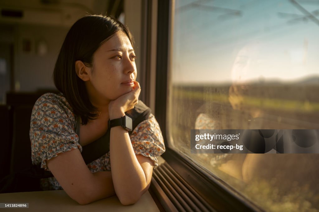 Portrait of young female tourist traveling by train