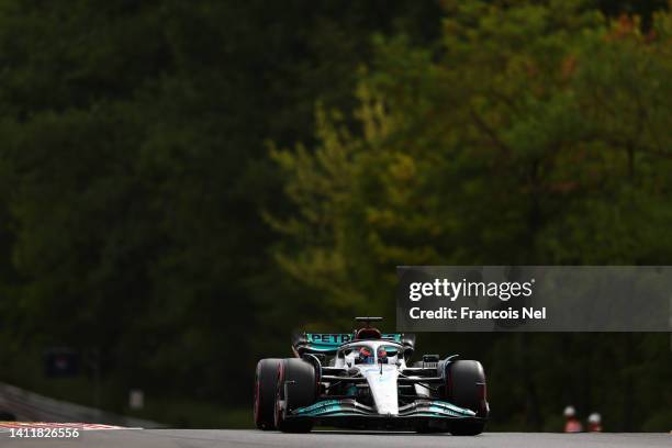 George Russell of Great Britain driving the Mercedes AMG Petronas F1 Team W13 on track during qualifying ahead of the F1 Grand Prix of Hungary at...