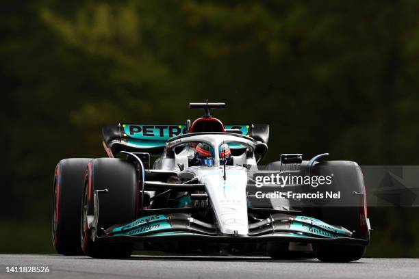 George Russell of Great Britain driving the Mercedes AMG Petronas F1 Team W13 on track during qualifying ahead of the F1 Grand Prix of Hungary at...