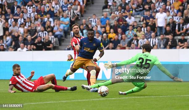 Newcastle striker Allan Saint-Maximin shoots to score the second goal during the pre season friendly match between Newcastle United and Athletic...