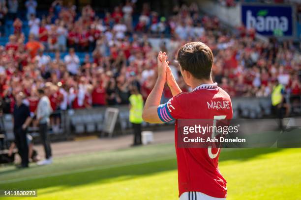 Harry Maguire of Manchester United walks off after the pre-season friendly match between Manchester United and Atletico Madrid at Ullevaal Stadion on...