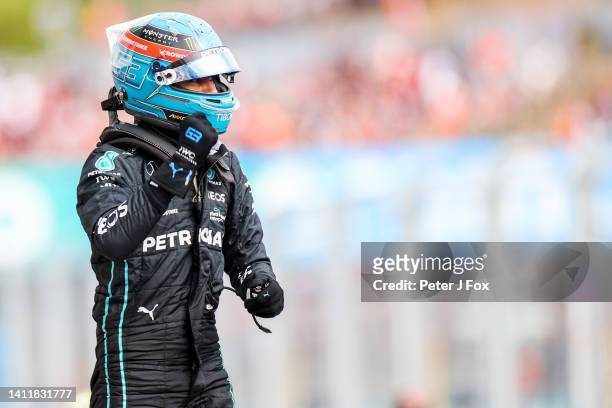 George Russell of Mercedes and Great Britain celebrates getting Pole Position during qualifying ahead of the F1 Grand Prix of Hungary at Hungaroring...