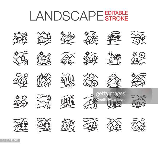 illustrations, cliparts, dessins animés et icônes de icônes de paysage définir un contour modifiable - terrain paysagé