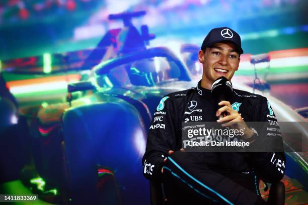 Pole position qualifier George Russell of Great Britain and Mercedes attends the press conference after qualifying ahead of the F1 Grand Prix of...