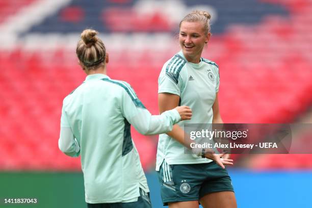 Alexandra Popp of Germany looks on during the UEFA Women's Euro England Germany training session at Wembley Stadium on July 30, 2022 in London,...