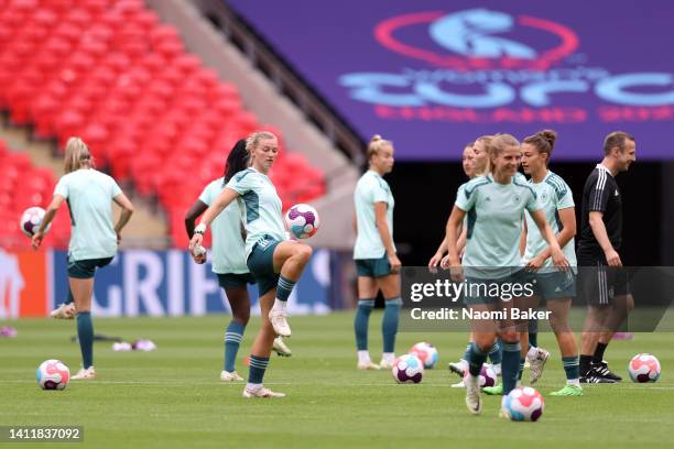 Alexandra Popp of Germany controls the ball during the UEFA Women's Euro England Germany training session at Wembley Stadium on July 30, 2022 in...