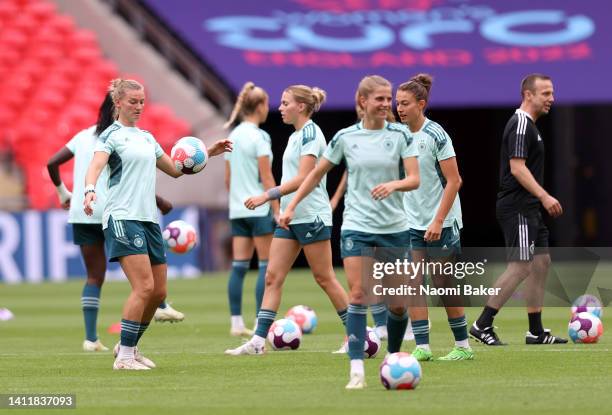 Alexandra Popp of Germany controls the ball during the UEFA Women's Euro England Germany training session at Wembley Stadium on July 30, 2022 in...