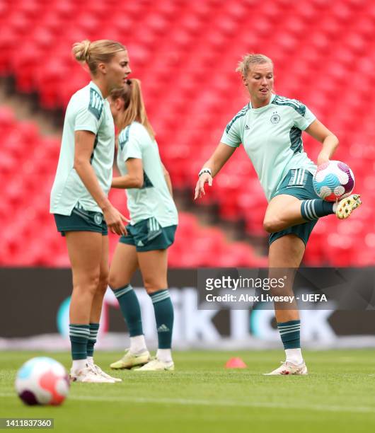 Alexandra Popp of Germany controls the ball during the UEFA Women's Euro England Germany training session at Wembley Stadium on July 30, 2022 in...