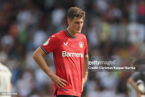 Patrick Schick of Bayer 04 Leverkusen reacts dejected after the DFB Cup first round match between SV 07 Elversberg and Bayer 04 Leverkusen at...